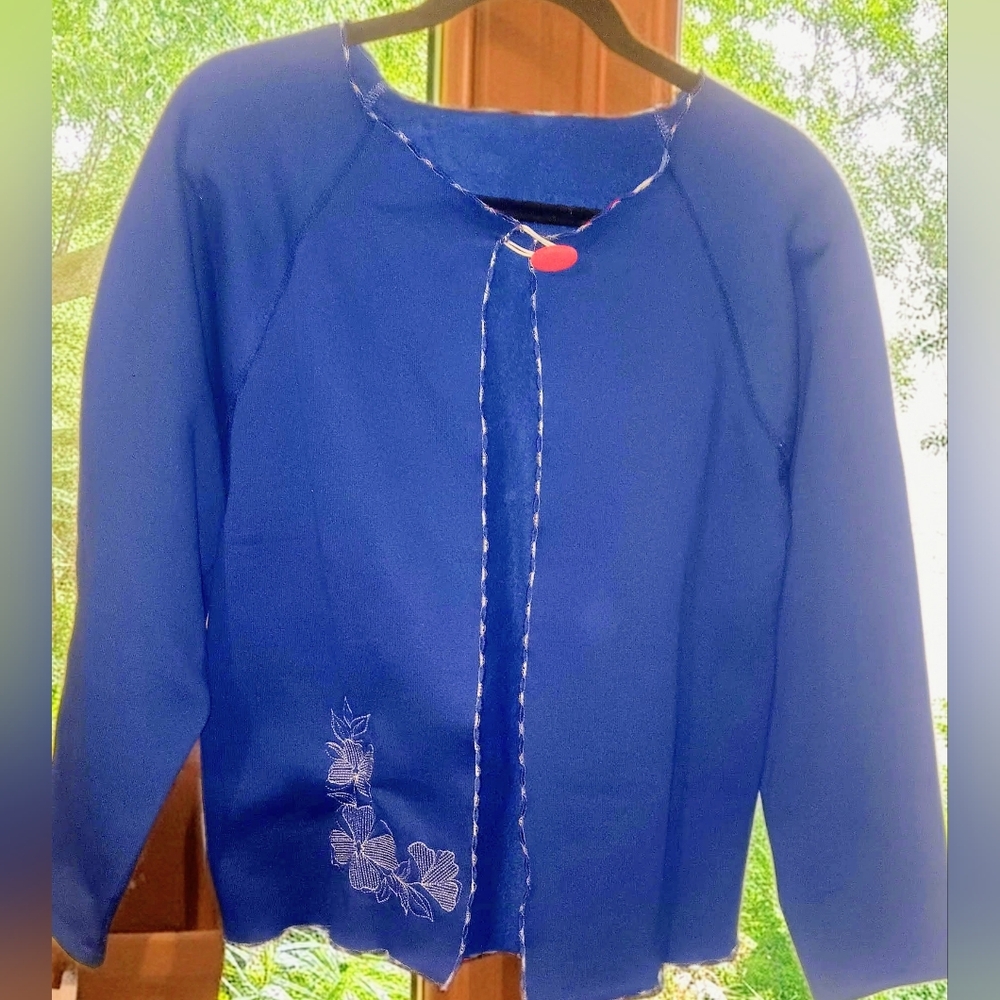 Handmade & Embroidered 1 Button Fleece Cardigan~Women's Medium~Blue~Grandmacore